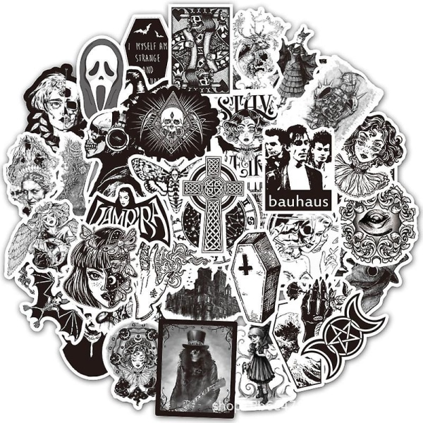 Wabjtam 50 stk Gothic Sticker Pack, Goth Stickers For Tenåringer Voksne, Vanntette Svart Hvit Dekaler For Vannflaske Laptop Skateboard Bagasje Motorsykkel