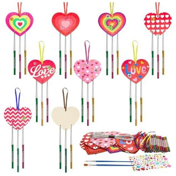 9 Pack Heart Wind Chime Gør din egen Kærlighed Wind Chimes DIY Farverig Valentinsdag træhåndværk B