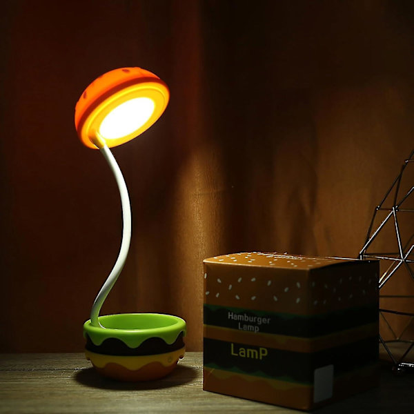 Söt skrivbordslampa för barn, uppladdningsbar hamburgare bordslampa med justerbar hals dimbar touch-brytare, nattlampa för barnkammare