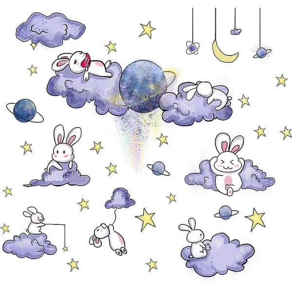 1 set akvarelli kaneja seinätarra, Moon Cloud tähti lastenhuoneen sisustus, kodin baby makuuhuoneen sisustus Toddler lastenhuoneen taiteen juhlatarvikelahja