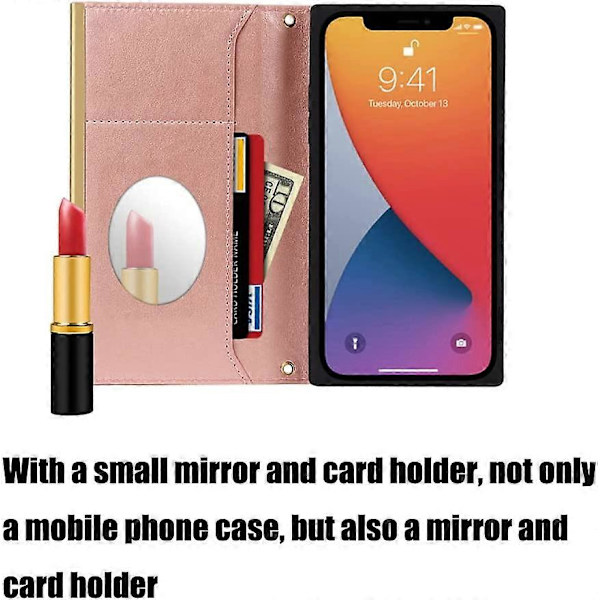 Plånboksfodral Kompatibelt med iPhone 12 Pro Max, Väska Design med Smink Spegel, Plånbok Flip Kortfodral Omslag TPU Läderfodral med Lång Axelrem (R