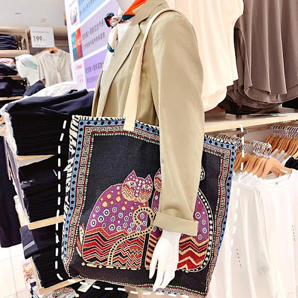 WABJTAM Stor kapasitet retro etnisk stil jacquard broderi katt kvinners veske skulderpose personlighet firkantet svart bunn dyr horisontal seksjon