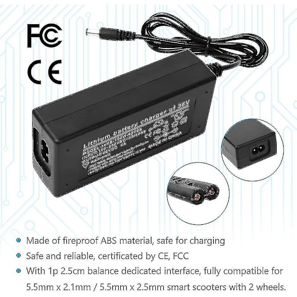 42v 2a Lader Adapter Strømadapter for Elektrisk Scooter Balansering Vlo Dc Lader Universell 5,5mm X 2,1mm / 5,5mm X 2,5mm Tilkobling