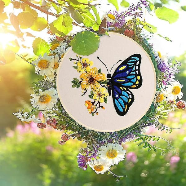 Blomsterfjärils Broderi Kit, inklusive Broderityg, bambu Broderiringar, Stygn, Hobby för Kvinnor