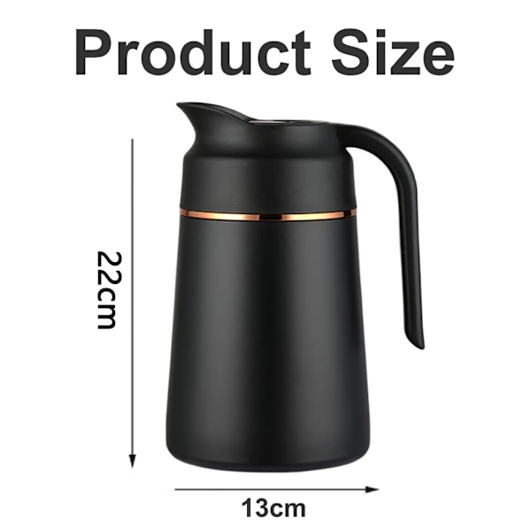 1,3L Termoskanna i Rostfritt Stål Dubbelväggig Vakuumisolerad Kaffebehållare 22 x 13 cm, (Svart)