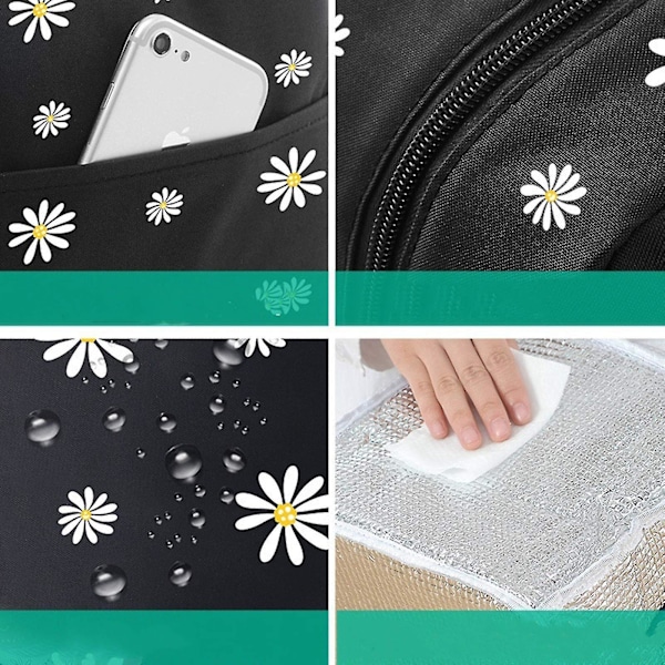 Isolerad Lunchväska, Bärbar Termisk Lunchväska Kylare Väska Daisy Mönster Lunchbox Organiser Tote Väska För Kvinnor (Svart)