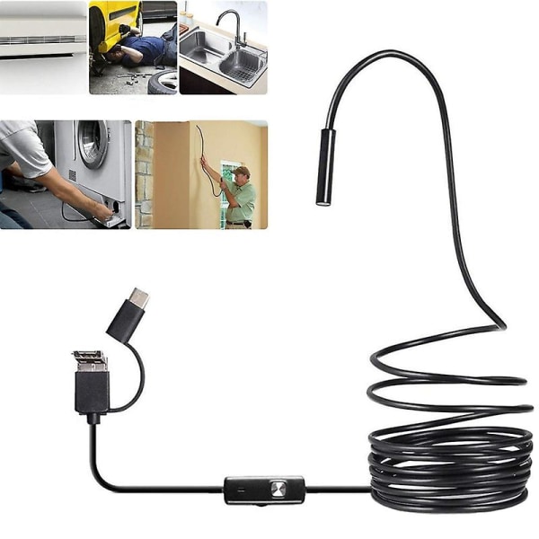 3 i 1 endoskopinspeksjonskamera, industriell borescope bilreparasjonsdetektor, slangerørkamera (5 meter)