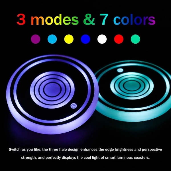 2X Cup Pad Biltilbehør LED-lysdeksel Interiørdekorasjonslampe 7 farger