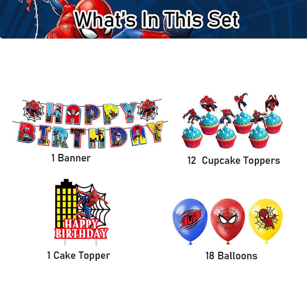 Spiderman-tema födelsedagsfest dekorationer ballonger tillbehör banderoll ballonger tårta cupcake toppers set