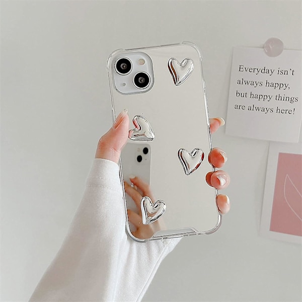 iPhone 14 Pro Spegelskal Flexibel Söt Hjärta Mjuk Silikon Transparent Smink Spegel Kvinnor Flickor Stötsäker Skyddande Skal för iPhone 11 Pro Max