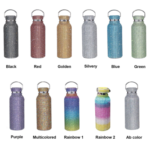 Bling vandflaske rhinsten, diamant glitter kop, rustfrit stål termisk flaske, genopfyldelig vandflaske（regnbue1）