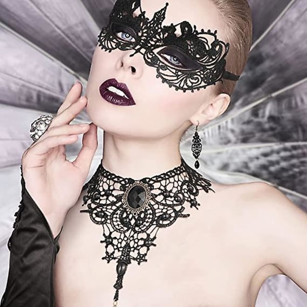 Wabjtam 2 stk Halloween Black Lace Choker Halskjede Masquerade Mask For Women Halloween Party