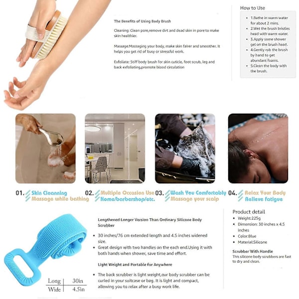 Silikonbadborste för kropp, Exfolierande Lång Silikonrygg Scrubber, Lätt att Rengöra, Skummar Bra, Miljövänlig, Långvarig, Bekväm Massage