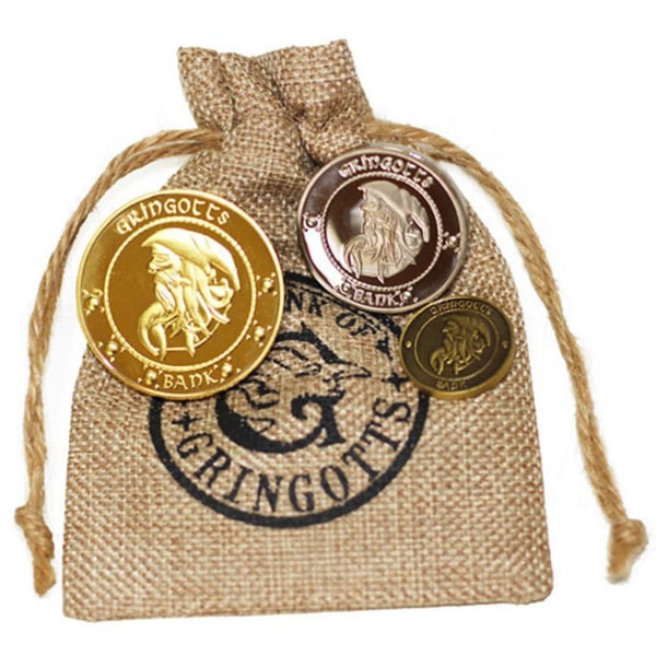 Hogwarts Coins Film kringutrustning Gringotts Wizard Bank Guldmynt med pengarpåse（S，Brown）