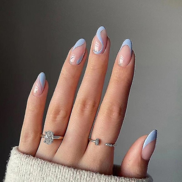 24-pack naglar för damkläder Oval stil fransk blå linje vågor för sommaren gör-det-själv manikyrverktyg Full täckande nagelklistermärken