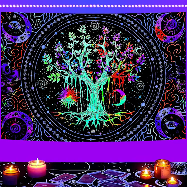 Blacklight Livets Träd Tapestry Väggbonad Trippy Tapestry UV-Reaktiv Väggbonad Galaxy Tapestry Blacklight Tapestry För Sovrum (130x150cm)