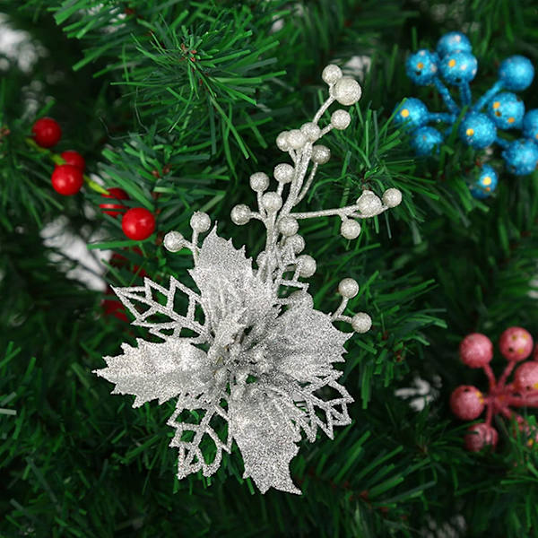 Set med 10 juldekorationer, konstgjorda julstjärnor med metallklämma 15 cm glitter