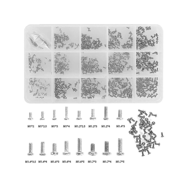 800 stk små skruer for elektronikk, lite mini panhode maskinskrue sett for briller klokker C
