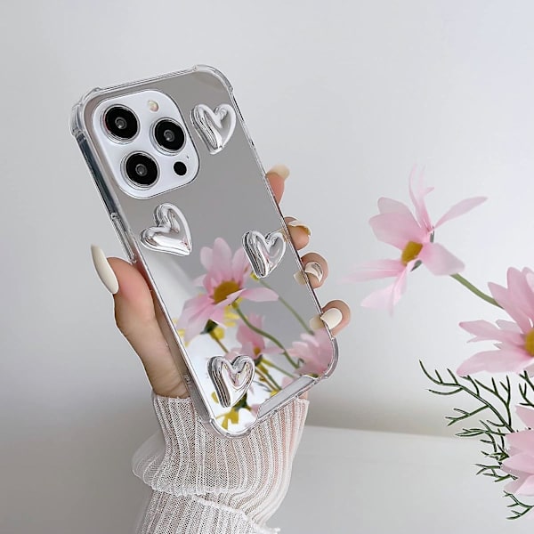 iPhone 14 Pro Spegelskal Flexibel Söt Hjärta Mjuk Silikon Transparent Smink Spegel Kvinnor Flickor Stötsäker Skyddande Skal för iPhone 11 Pro Max