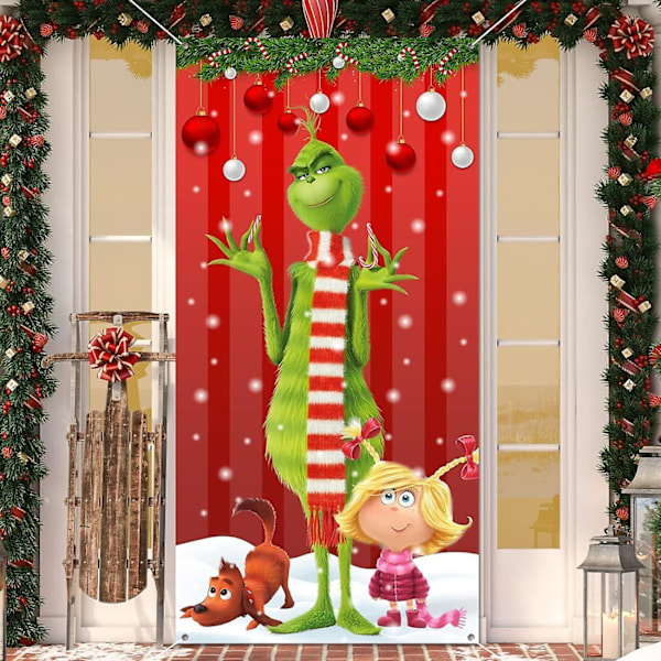 Grinch Juldekorationer Grinch Dörröverdrag Röd Bakgrund Rolig Julhängande Banderoller God Jul Veranda Skylt För Inomhus