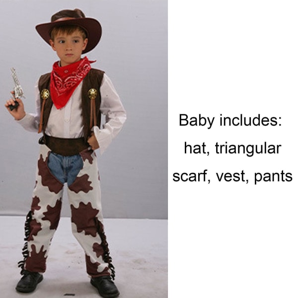 Børn Cowboy kostume Drenge Halloween Dress Up Cosplay Sæt Fødselsdagsfest Rollespil Western Chaps Outfit Hat（XL，Brun）