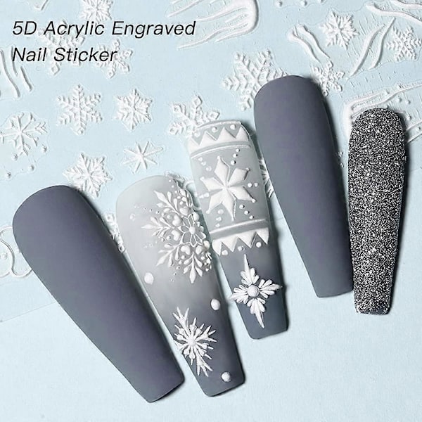 Snöflinga Nagelkonst Dekaler 5D Präglad Jul Fransk Vit Snöflinga Nagel Självhäftande Nagelkonst Dekoration Tillbehör Snöflingor Spets Lat