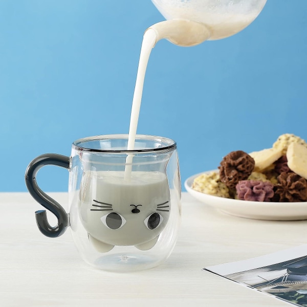 Söt kattmugg med dubbla glasväggar, present till alla hjärtans dag, mors dag, påsk, jul, fru, mamma, mormor, kvinnlig lärare, vänners födelsedag