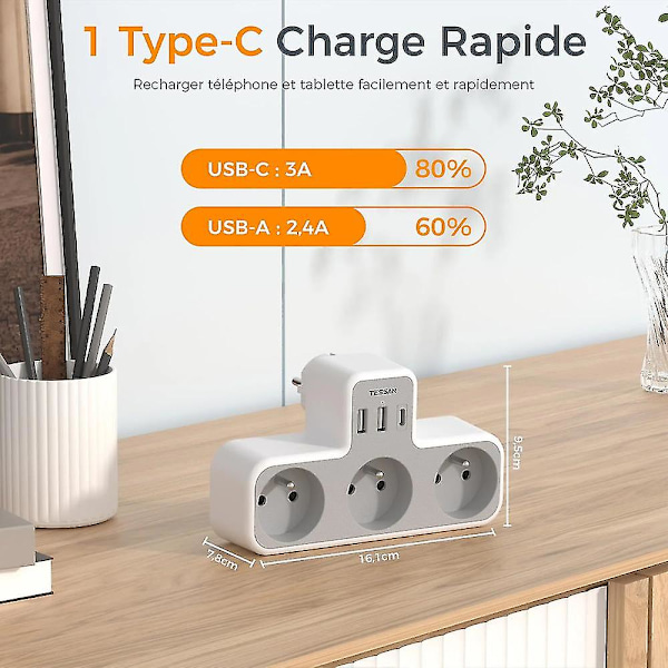 Multi Wall Socket, 3 Wall French Sockets, 1 USB Socket With 2 USB C, 6-in-1 Electric USB C Socket