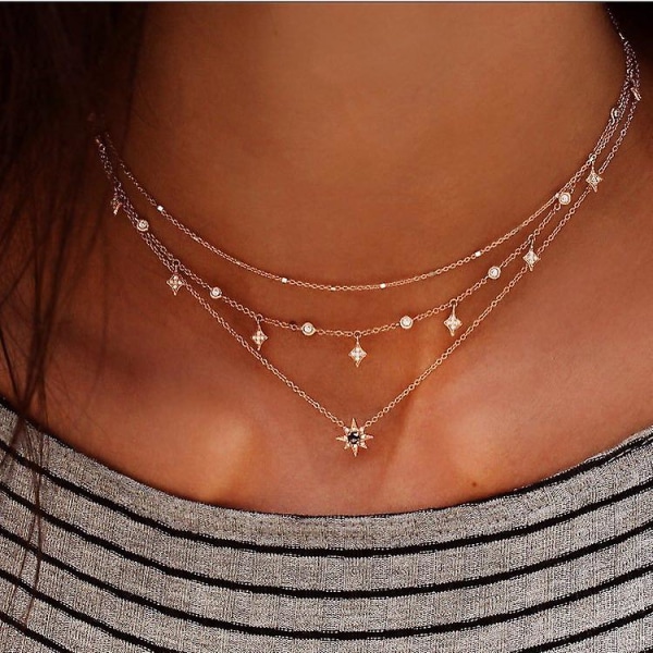 WABJTAMBohemia Lagdelt Choker Halskjede Stjerne Og Måne Halskjede Stjerne Choker Rhinestone Stjerne Måne Charm Anheng Halskjede Flerlags Halskjeder For Kvinner A