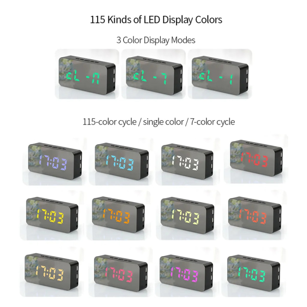 Digital färgglad RGB LED-spegelväckarklocka USB / batteridriven skrivbordsklocka med justerbar ljusstyrka 3 väckarklocka Snooze USB -laddning - svart