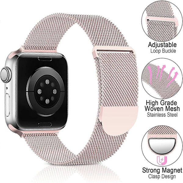 Metallband i rostfritt stål kompatibelt med Apple Watch-band 38 mm 40 mm 41 mm, roséguldögla justerbart armband med magnet för iWatch Series 7 6