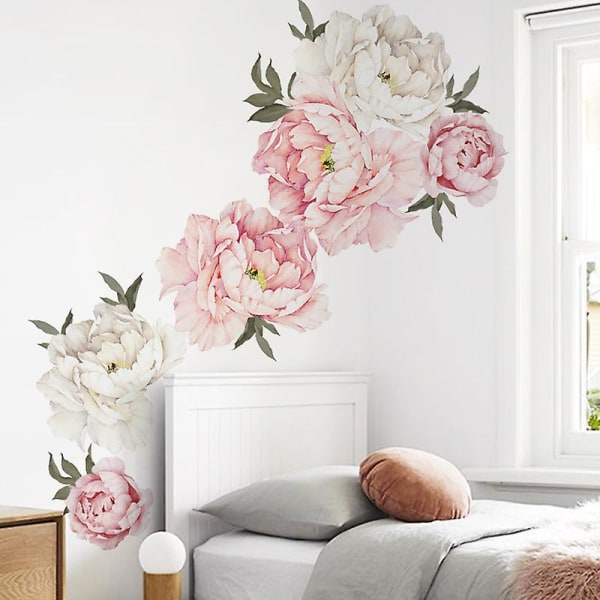 Peony Print Seinätarra Pioni Kukat Makuuhuoneen seinäsisustus, Valkoinen ja Vaaleanpunainen kukka, 1 setti