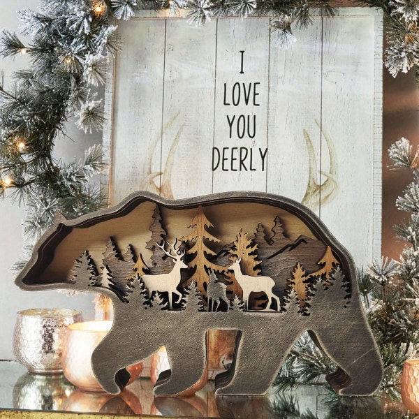 Jul, træhåndværk Kreativt nordamerikanske skovdyr Boligdekoration Elg Brunbjørn Ornamenter（Med lys）