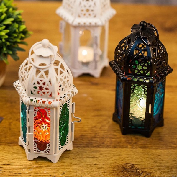 Marokkansk stil Metalllysestake Glass Vindlanterne Hengende lanterner for innendørs utendørs hagegårdsdekorasjon Gaveutstyr（Hvitt hvitt glass）