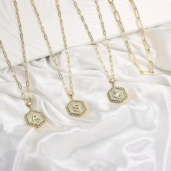 14k Riktigt Förgylld Pappersklippskedja Halsband Söt Hexagon Brev Hänge Initial Choker Halsband Guld Lager Halsband För Kvinnor