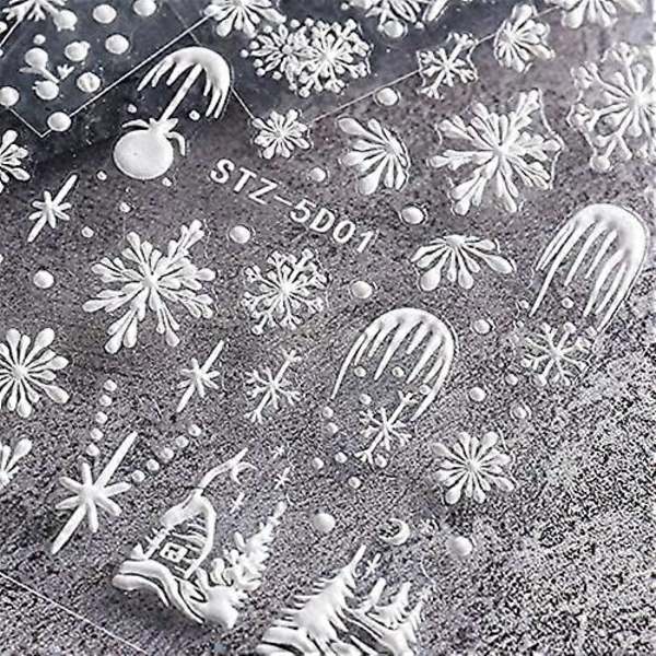 Snöflinga Nagelkonst Dekaler 5D Präglad Jul Fransk Vit Snöflinga Nagel Självhäftande Nagelkonst Dekoration Tillbehör Snöflingor Spets Lat
