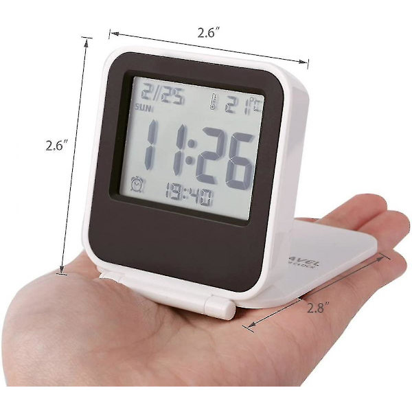 Liten digital reseväckarklocka, batteridriven miniresklocka med bakgrundsbelysning, bärbar hopfällbar minilommekalender temperaturklocka (vit)