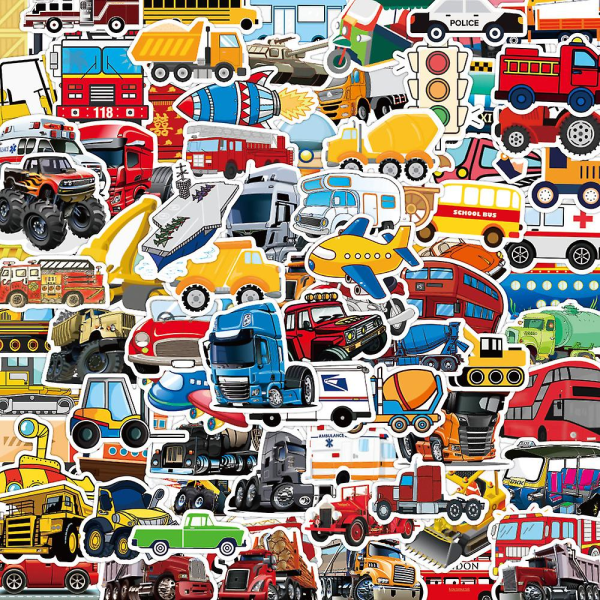 100-pack klistermärken med transportfordon, festtillbehör och -artiklar (byggfordon, flygplan, tåg, helikopter, bil, båt, motorcykel, spårvagn)