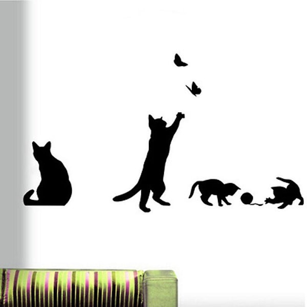Intressanta Katt Hoppande Väggdekaler, Vardagsrum Katt Dekal Dekoration, Tapetkonst Väggstickers, Svart Vinyl Fjäril Dekoration