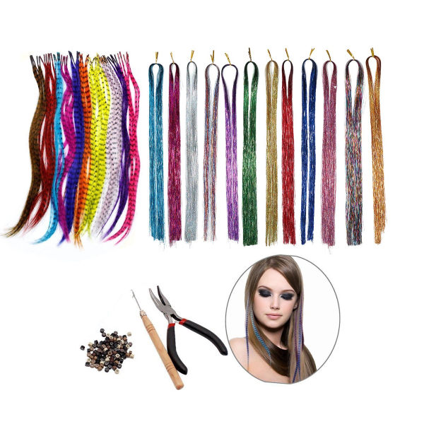 10 färger fjädrar hårförlängningskit gnistrande glänsande syntetiskt hår kit för kvinnor Cosplay Party