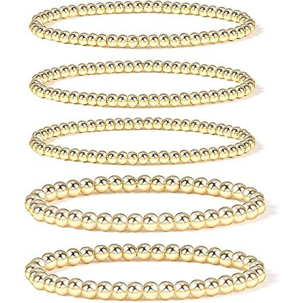 WABJTAM Guld Pärlarmband för Kvinnor, 14K Guldpläterade Pärlor Kul Armband Stretchigt Elastiskt Armband