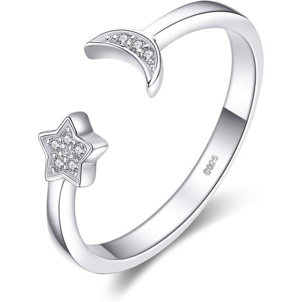 WABJTAMAsäädettävä avoin sormus Cubic Zirkonia naisten sormus 925 hopea, naisten kihlasormus, Moon Star Rings Anniversary Wedding Promise Alliance, nainen