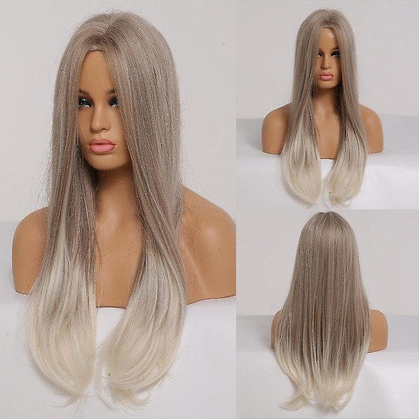 Lang lige syntetiske parykker Ombre brun grå paryk med pandehår til kvinder Cosplay Lolita daglig fest varmebestandige fibre（LC286n-1）