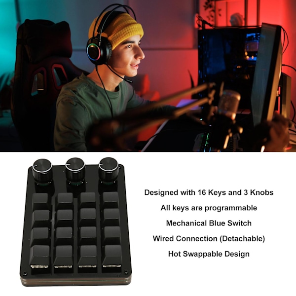 SBSGV Programmerbar knappsats 16 tangenter 3 knappar Blå brytare Mekanisk Hot Swappable Mini knappsats för spelkontor Media