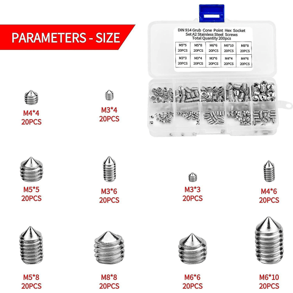 Skruer 200 stk. rustfrit stål keglepunkt M3 M4 M5 M6 M8 gevind sokkel unbrakonøgle grub