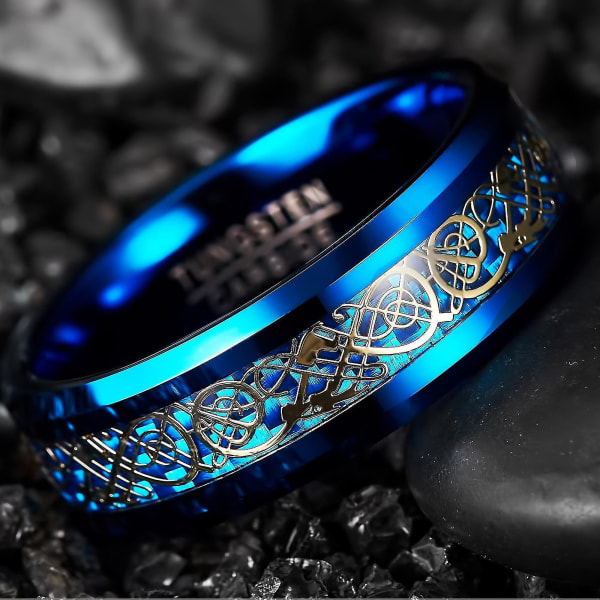 Blå Tungsten Carbide Ring Celtic Dragon Blå Carbon Fiber Bryllupsbånd 8mm