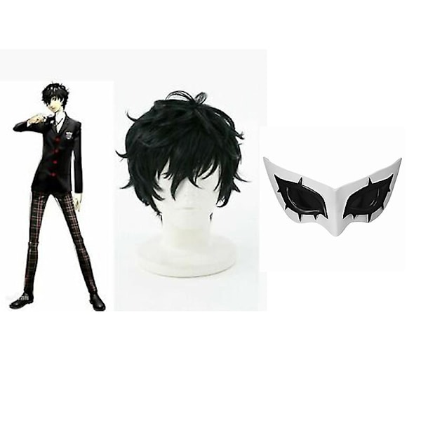 P5 Persona 5 Cosplay Kurusu Akira Joker Cosplay Peruk Mask Hår Peruk + Mask Halloween Fest Rollspel Cosplay Kostym 2 Delar Set