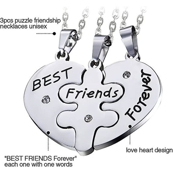 Rustfritt stål sett med 3 stk Best Friends Forever Friendship Heart Puzzle Pendant Halskjede, Sølv, Gull, Svart