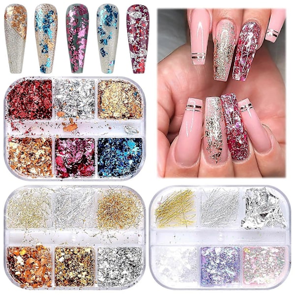 18 Rutor Nagelfoljeflingor, Holografiska Nagelfoljeflingor Konfetti Glitter Guld Silver, Iriserande Kromflingor för Nagelkonst Dekoration Resin Hantverk