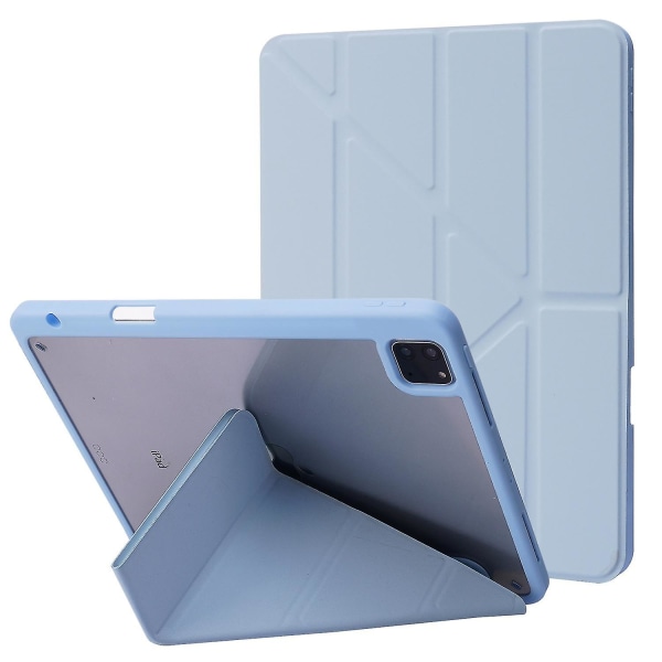 Til Ipad Pro 12,9-tommer (2021)/(2020)/(2018) Tablettaske Auto Wake/sleep Origami Stand Pu Læder + Akrylcover - Mørkeblå（Himmelblå）